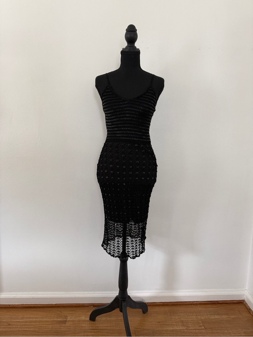 Women's Black Crochet & Beaded Midi Dress with Slim Straps